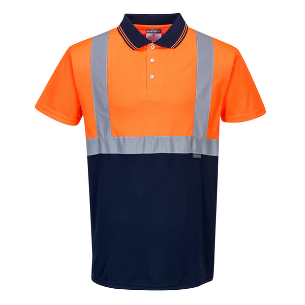 Portwest S479 Hi-Vis Two-Tone Polo Shirt in orange and navy with 2″ silver reflective chest bands and contrast lower panels