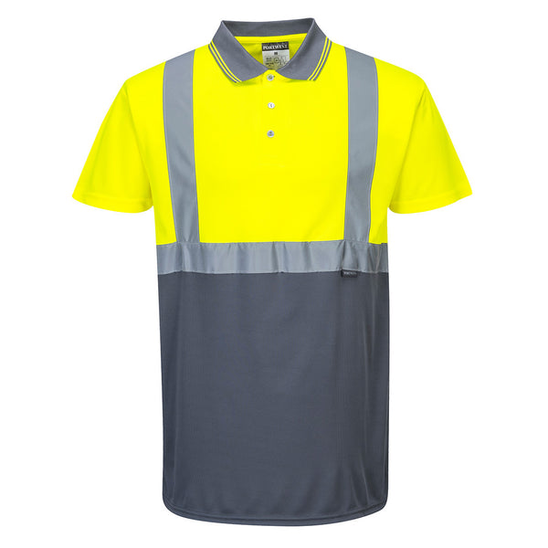 Portwest S479 Hi-Vis Two-Tone Polo Shirt in yellow and gray with 2″ silver reflective tape and contrast lower panels