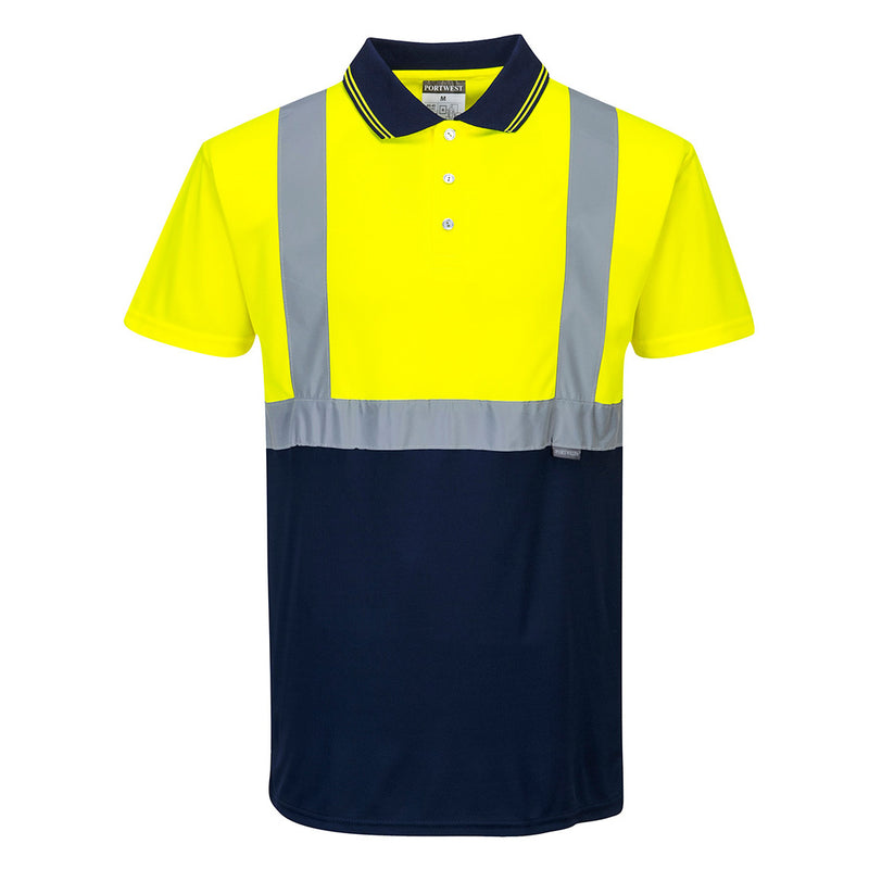 Portwest S479 Hi-Vis Two-Tone Polo Shirt in yellow and navy with 2″ silver reflective tape and contrast lower panels