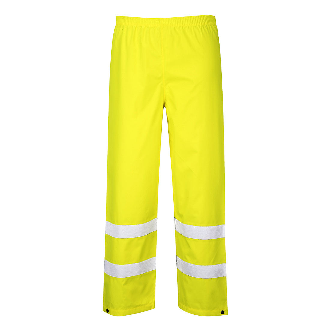 Back view of Portwest S480 yellow safety jacket with adjustable hood and stripes