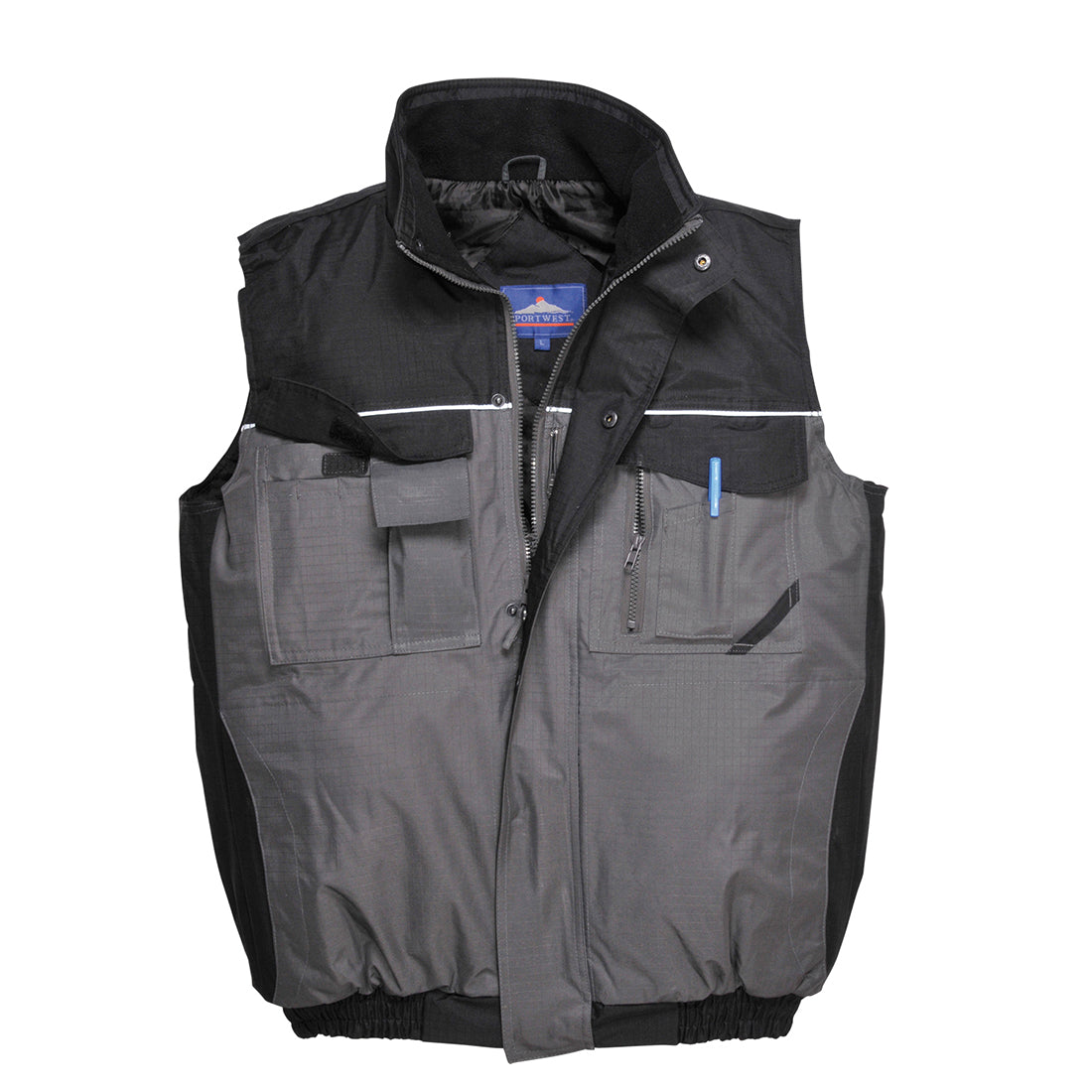 Portwest S560 RS Two-Tone Bodywarmer in black and gray with 9-pocket storage, reflective piping, fleece-lined collar, and storm flap front