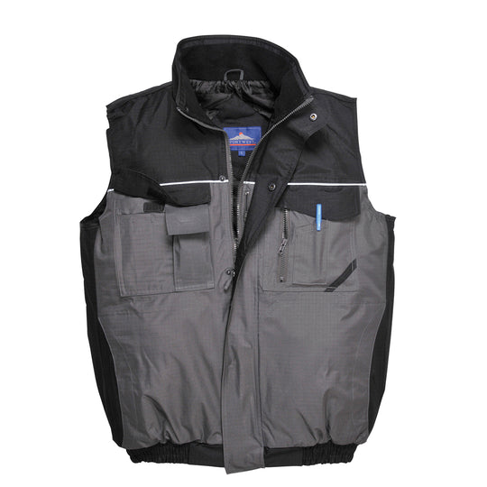 Portwest S560 RS Two-Tone Bodywarmer in black and gray with 9-pocket storage, reflective piping, fleece-lined collar, and storm flap front
