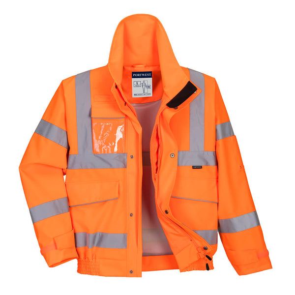 Orange Portwest waterproof bib trousers with adjustable straps