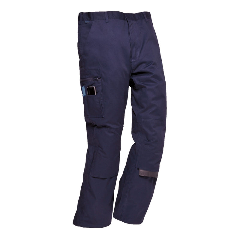 Navy action trousers featuring reinforced knees and spacious cargo pockets
