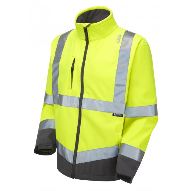 The hi-vis yellow Leo Workwear Buckland softshell jacket, which serves as the inner layer.