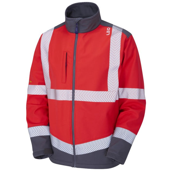 Front view of the Leo Workwear Bowden softshell jacket in red and grey.