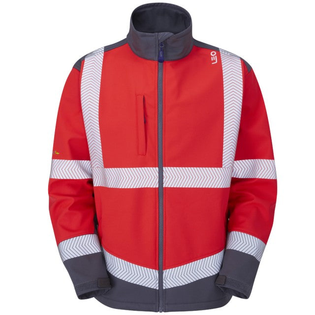 Angled view of the Leo Workwear Bowden ISO 20471 Class 2 softshell jacket, showcasing its sleek red and grey design.