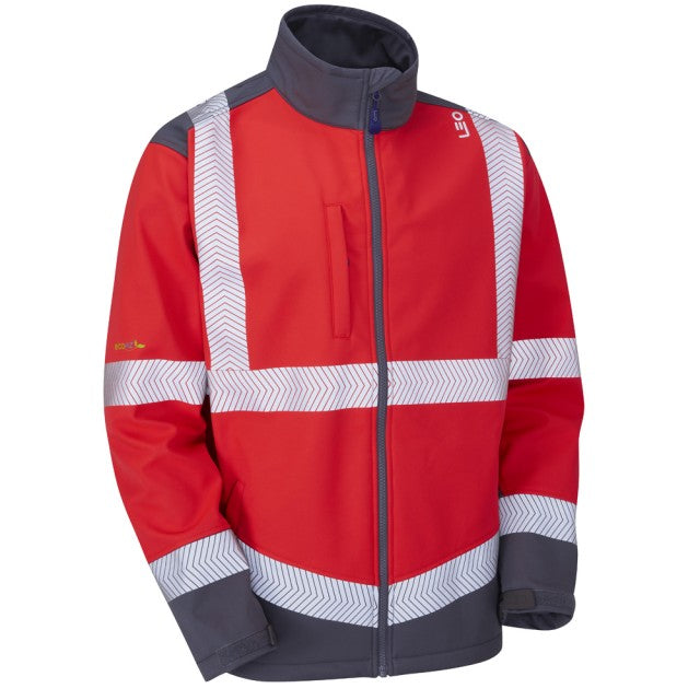 Side profile of the Leo Workwear Bowden Class 2 softshell jacket, illustrating its fit and practical design features.