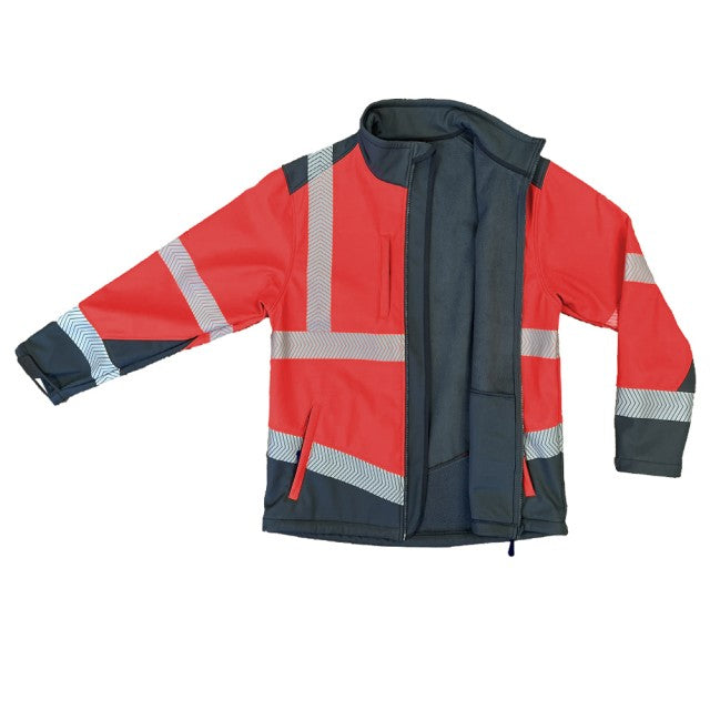 Rear view of the Leo Workwear Bowden softshell jacket, showing the reflective tape configuration for maximum safety.