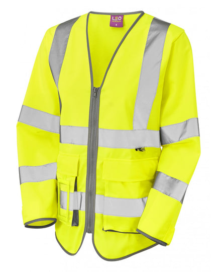 Leo Workwear Beaworthy women's sleeved waistcoat in hi-vis yellow. 