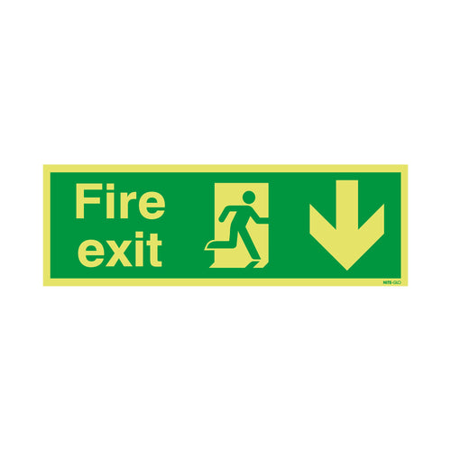 Signs and Labels Safety Sign Niteglo Fire Exit Running Man Arrow Down 150x450mm Pvc Fx04211m