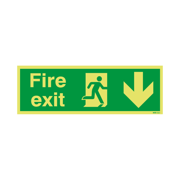 Signs and Labels Safety Sign Niteglo Fire Exit Running Man Arrow Down 150x450mm Pvc Fx04211m