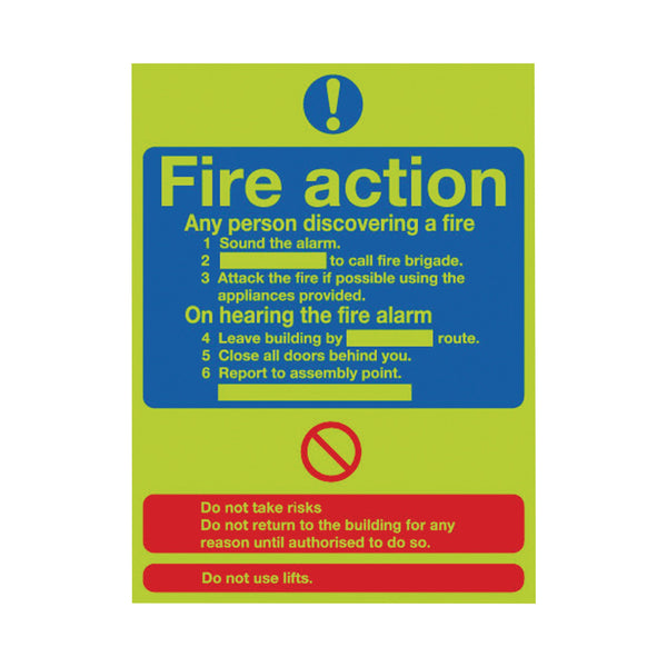 Signs and Labels Safety Sign Niteglo Fire Action 300x250mm Pvc Fr03527m