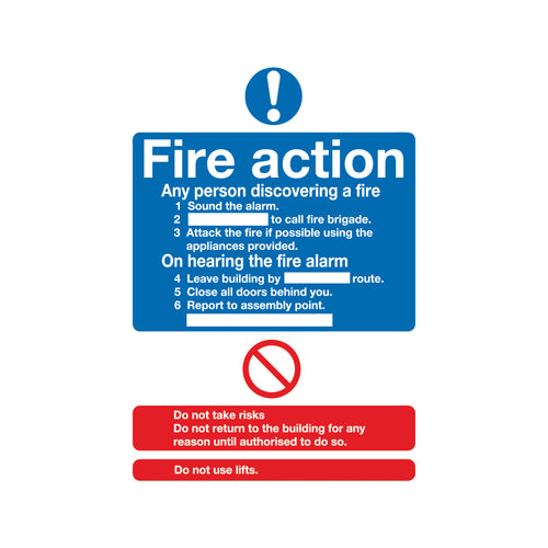 Safety Sign Fire Action Standard A5 PVC (Can fill in site speCIFic information) FR03551R