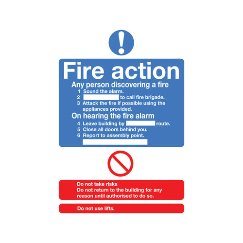 Signs and Labels Safety Sign Fire Action Standard A5 Self-adhesive Fr03551s