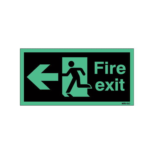 Safety Sign Niteglo Fire Exit Running Man Arrow Left 150x450mm Self-Adhesive NG27A/S