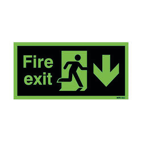 Signs and Labels Safety Sign Niteglo Fire Exit Running Man Arrow Down Self-adhesive 150x450mm Ng28a/s