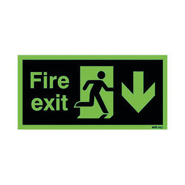 Signs and Labels Safety Sign Niteglo Fire Exit Running Man Arrow Down Self-adhesive 150x450mm Ng28a/s