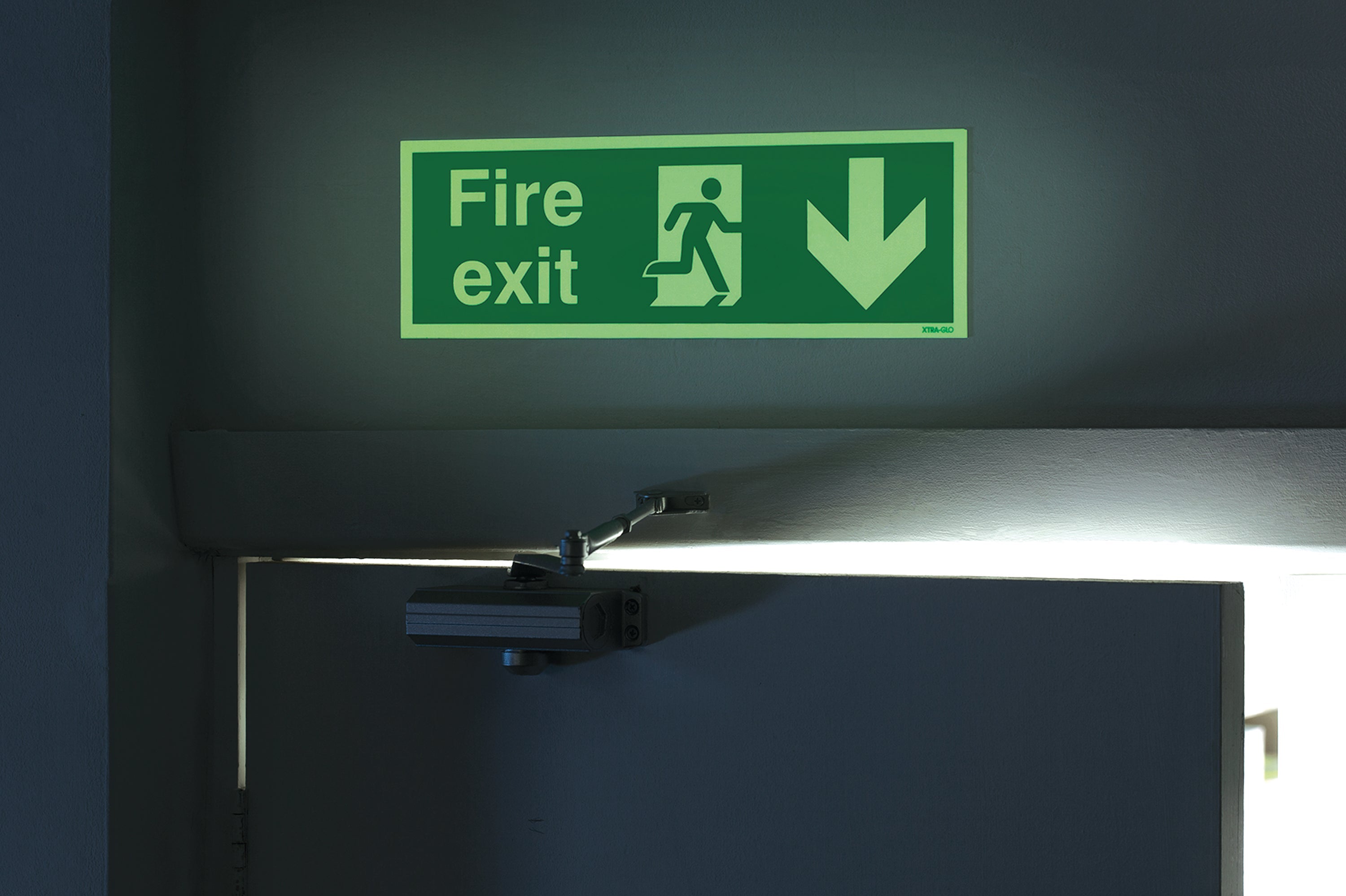 Signs and Labels Safety Sign Niteglo Fire Exit Running Man Arrow Down Self-adhesive 150x450mm Ng28a/s