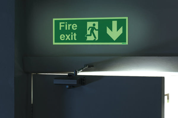 Signs and Labels Safety Sign Niteglo Fire Exit Running Man Arrow Down Self-adhesive 150x450mm Ng28a/s