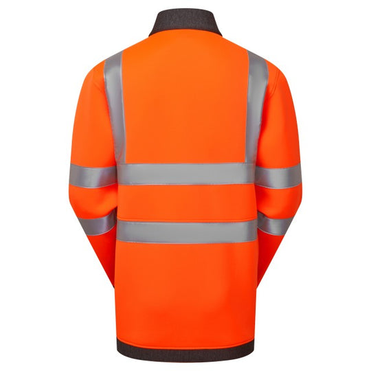 Leo Workwear hi-vis orange softshell jacket rear view with reflective strips and logo