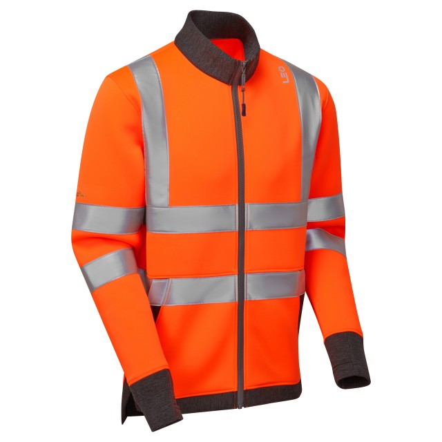 Leo Workwear hi-vis orange softshell jacket right side view with reflective strips
