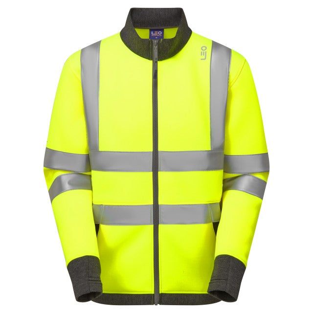 Leo Workwear hi-vis yellow softshell jacket front view with reflective strips and logo