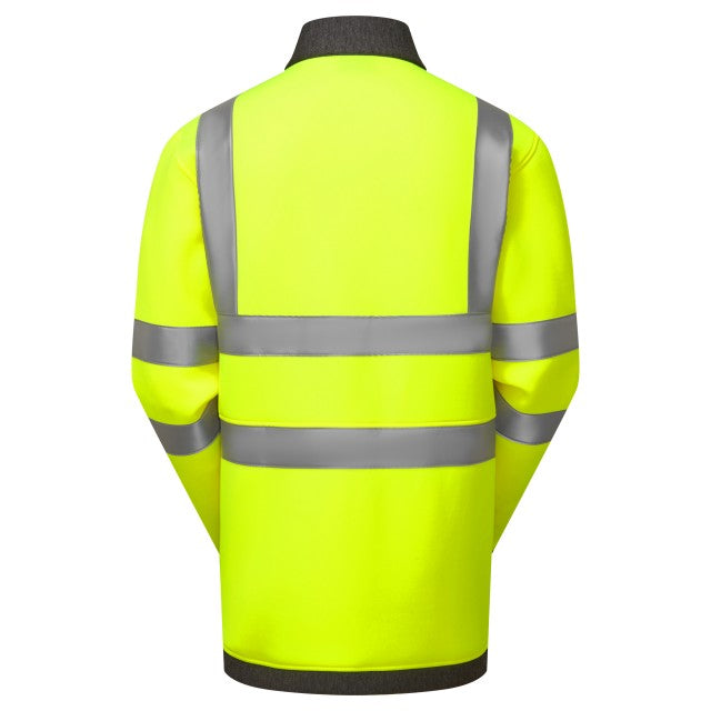 Leo Workwear hi-vis yellow softshell jacket rear view showing reflective strips and logo.