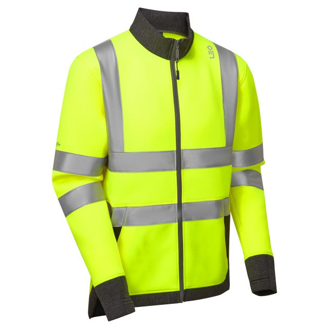 Leo Workwear hi-vis yellow softshell jacket side view with logo and reflective safety strips