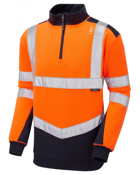 Leo Workwear hi-vis orange and navy sweatshirt with reflective tape for safety and high visibility