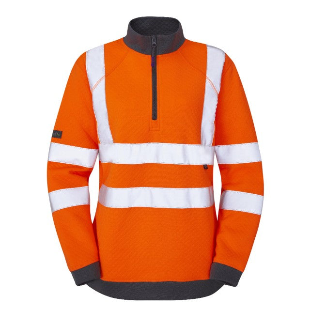 Angled shot of the Leo Workwear Elberry hi-vis orange sweatshirt for women, showcasing its reflective safety stripes.