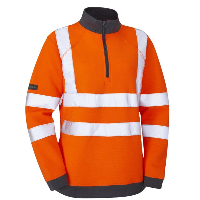 Side shot of the orange Leo Workwear Elberry women's hi-vis sweatshirt, highlighting the comfortable fit and design.