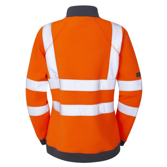 Rear view of the orange Leo Workwear Elberry women's 1/4 zip sweatshirt, showing reflective tape details for safety.