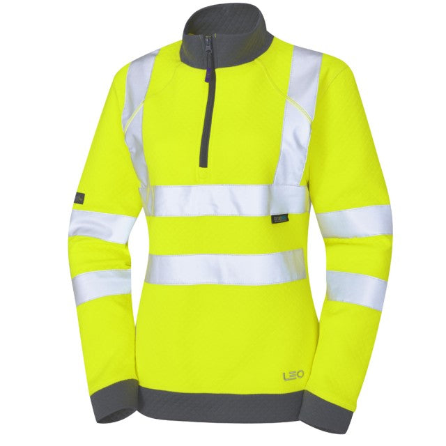 Side profile of the Leo Workwear Elberry women's hi-vis 1/4 zip sweatshirt. Designed for comfort and safety.