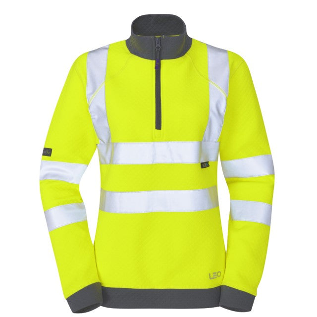 Front view of the Leo Workwear Elberry women's hi-vis 1/4 zip sweatshirt in yellow. Safe and stylish workwear for women.