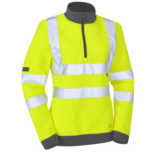 Angled view of the Leo Workwear Elberry women's hi-vis sweatshirt in yellow. ISO 20471 Class 2 certified workwear.