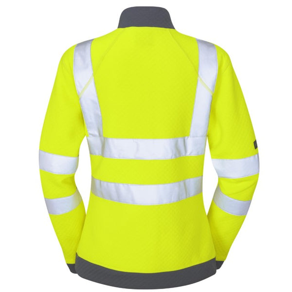 Back view of the Leo Workwear Elberry women's 1/4 zip sweatshirt in hi-vis yellow.