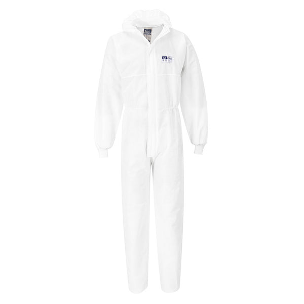 white Portwest Biztex SMS coverall with knitted cuffs.