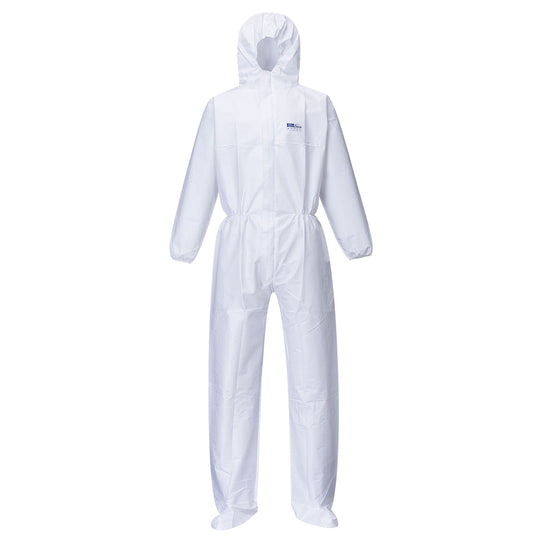 white Portwest Biztex microporous coverall with integrated boot covers.