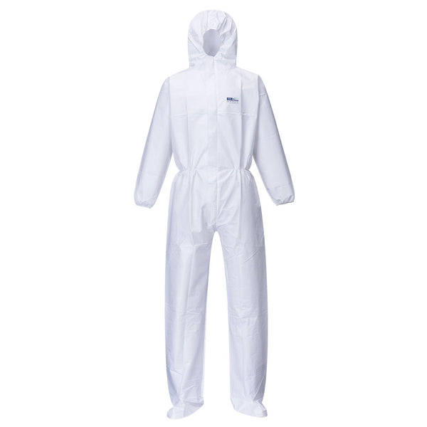 Person wearing the white Portwest Biztex microporous coverall with the hood up.