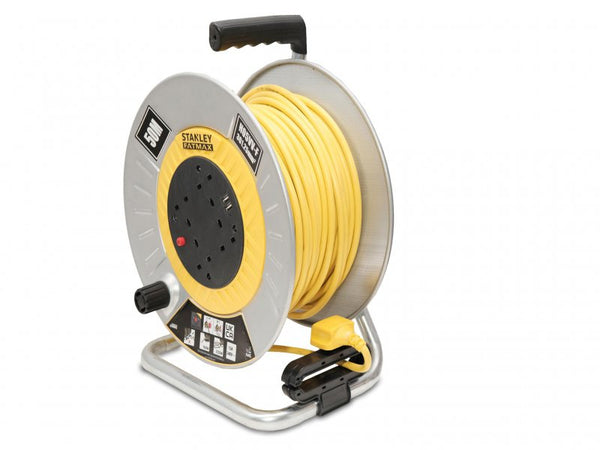 STANLEY Electrical Open Metal Drum Cable Reel 240V 13A 4-Socket + 2 USB
