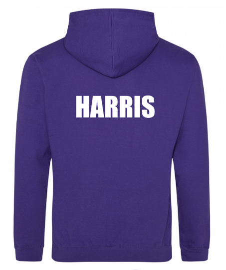 A composition focused on the school crest on the purple Armadale PS kids' hoodie.