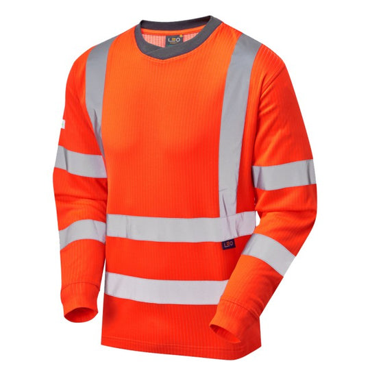 Hi-vis orange polo T-shirt by Leo Workwear with short sleeves