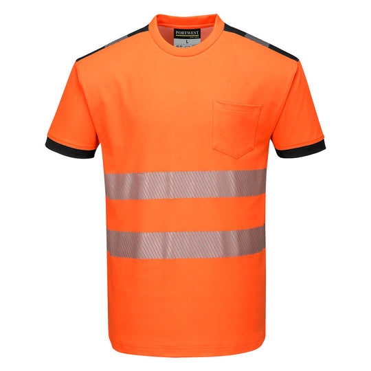 orange and black Portwest PW3 hi-vis short-sleeve t-shirt.
