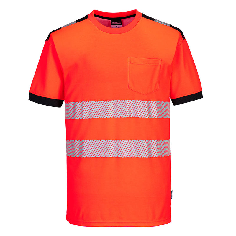 red and black Portwest PW3 hi-vis short-sleeve t-shirt.