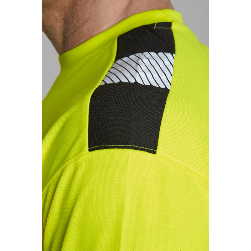 Close-up showing the sleeve and segmented reflective tape of the hi-vis t-shirt.