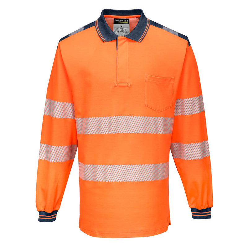 orange and navy Portwest PW3 hi-vis long-sleeve polo shirt.