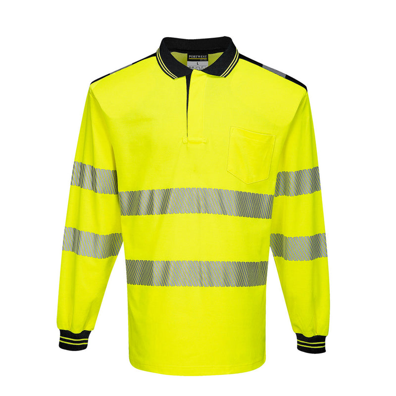 yellow and black Portwest PW3 hi-vis long-sleeve polo shirt.