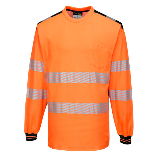 orange and black Portwest PW3 hi-vis long-sleeve cotton t-shirt.