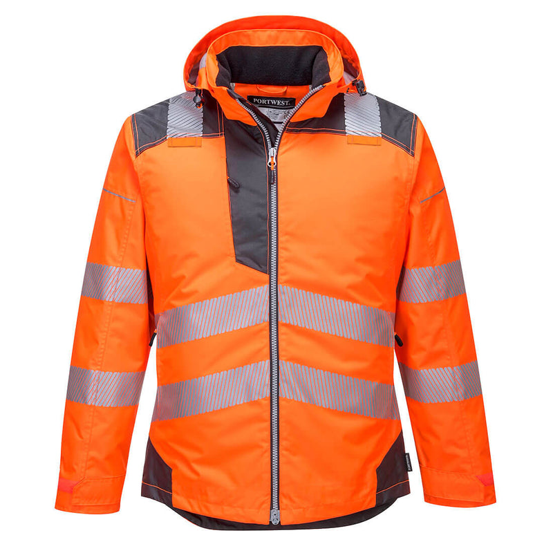 A man walking in the hi-vis winter jacket and work trousers.